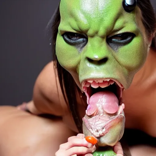 Prompt: slave cyborg girl pleasure model eating a frog 4k