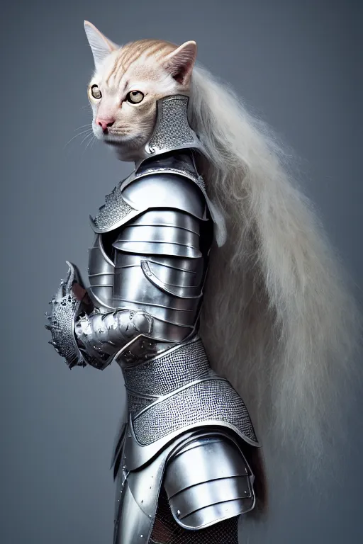 Image similar to female knight wearing a real cat on her head, armor designed by wayne barlowe, swarovski and tiffany, blonde hair, symmetry, sci - fi, cinematic, elegant, luxury, perfect light, perfect composition, dlsr photography, sharp focus, dark fantasy, 8 k, ultra hd, sense of awe, highly detailed, realistic, intricate