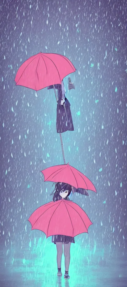 Prompt: beautiful drawing style, lone girl holding umbrella, contrast, visible rain, vaporware cartoon manga japan!! 👘🌸⛩ background, vibrant neon pastel, kawaii, rainy gloomy, rainy night