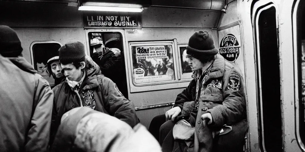 Prompt: new york subway cabin 1 9 8 0 s inside all in graffiti, man in carhartt jacket closeup, policeman closeup, passengers, film photography, journalist photography, christopher morris photography, bruce davidson photography