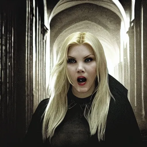 Image similar to elisha cuthbert as a vampire menacingly opening her mouth in a gloomy gothic cathedral at night