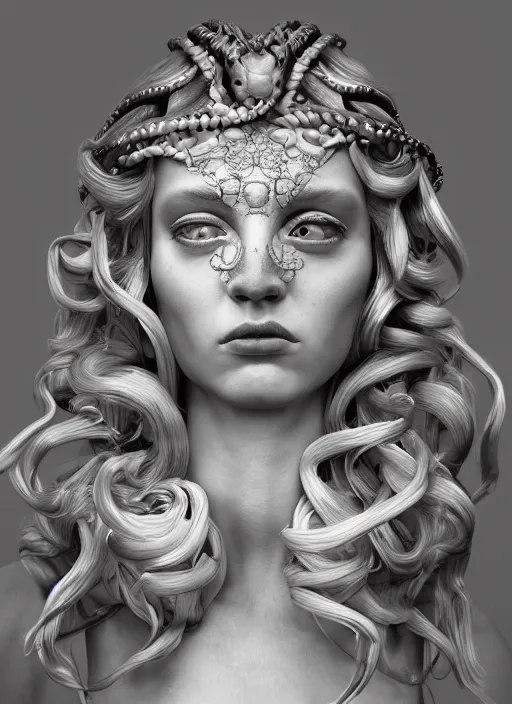 Prompt: a portrait of medusa, goddess by candy makeup, photorealistic, intricate details, hyper realistic, fantasy, elegant, baroque, horn, ram skull headpiece, photorealistic, photography, symmetrical features, symmetrical pose, wide angle shot, feet on the ground, wearable art, unreal engine