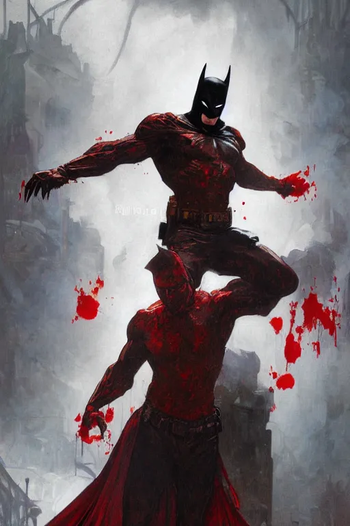 Prompt: painted portrait of angry batman by greg rutkowski craig mullins artgerm alphonse mucha, messy red bloody body paint over back and his arms, muscular upper body mature warm tone bulging bubble flowing robe [ ancient greek motifs ] fire in the background fantasy intricate elegant detailed digital painting concept art artstation sharp focus illustration