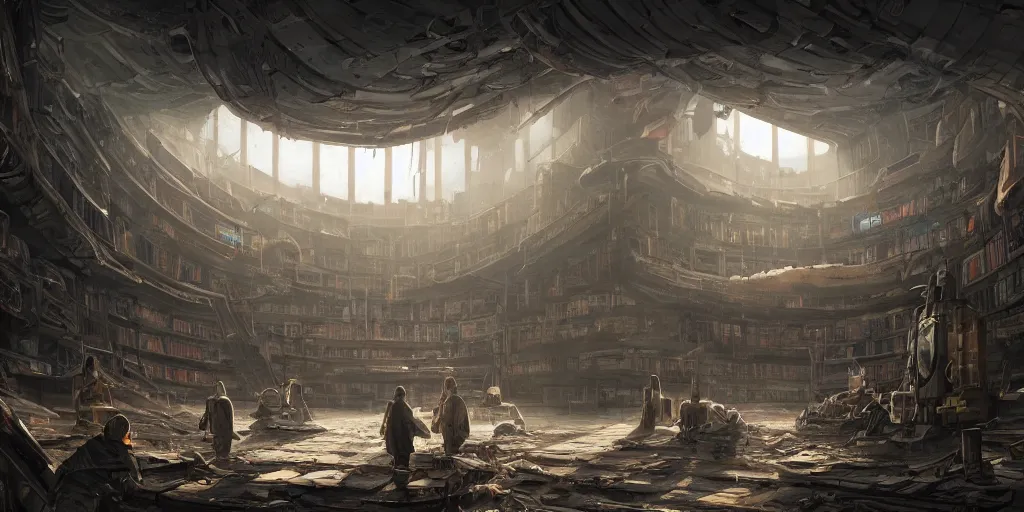 Prompt: Explorers discover a vast library on an abandoned colony ship, sci-fi, wide shot, trending on artstation