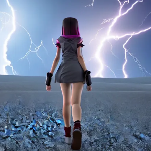 Image similar to 3d hd render of teenager anime girl full body walking backwards octane render post denoised, night sky, volumetric lightning dark grey tint