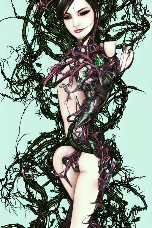 Prompt: gorgeous biomechanical cyborg fairy being consumed by vines, by dang my linh, beautiful, sexy