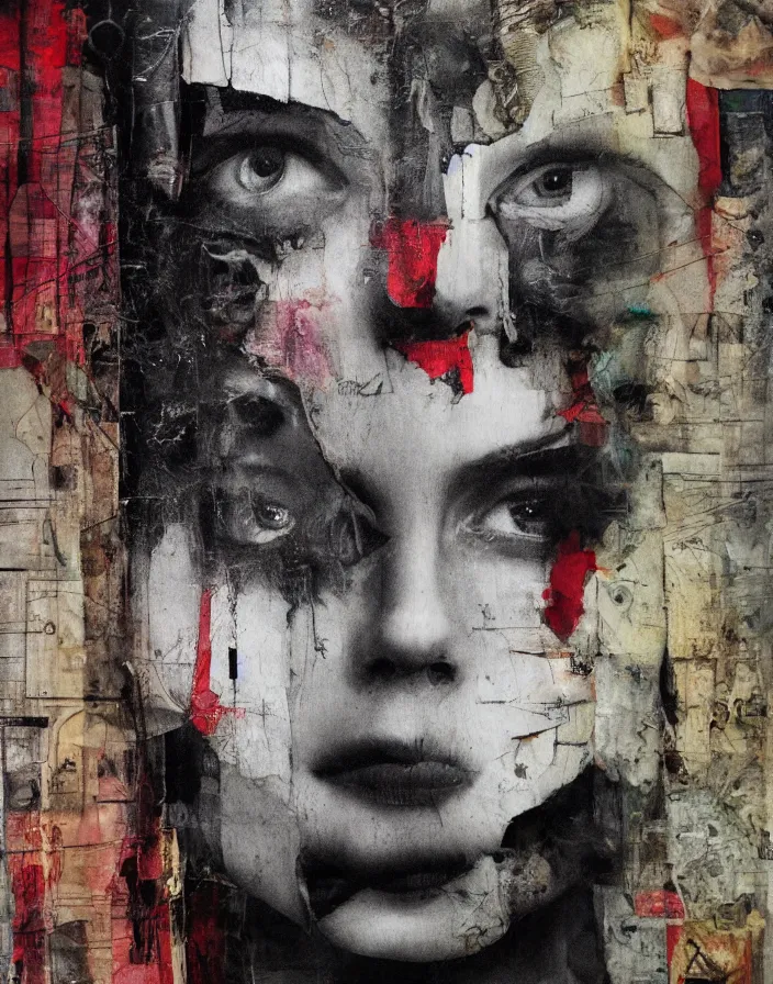 Prompt: brutal female depression detailed analogue mixed media collage with canvas texture in style of contemporary art, punk art, hyperrealistic beautiful face, photorealistic, expressionism, masterpiece, perfect composition, spectacular quality, intricate oil details