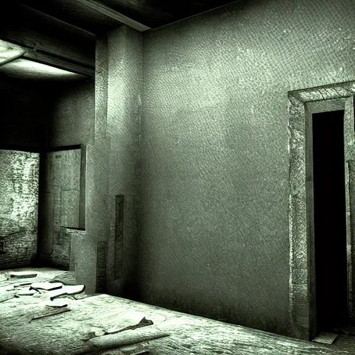 Prompt: monolith in abandoned big room stalker game 2007