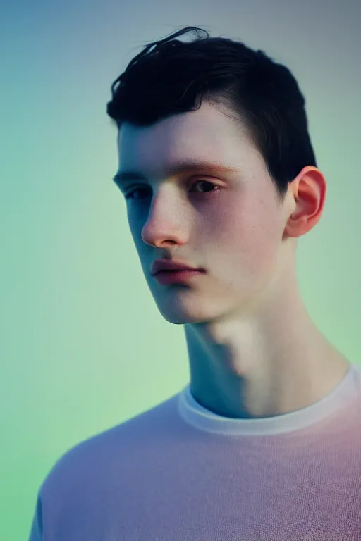 Image similar to high quality pastel coloured film mid angle selfie photograph of a beautiful young 2 0 year old male, soft features, short black hair, standing in an icelandic black rock environment. atmospheric. three point light. photographic. art directed. ( pastel colours ). volumetric light. clearcoat. waves glitch. 8 k. filmic.