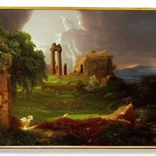 Prompt: romantic landscape with ruined tower, thomas cole, landscape painting, romanticism