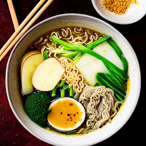 Prompt: a steaming bowl of ramen with weird ingredients, like toothpaste, broccoli and turnips. Food photography, bokeh