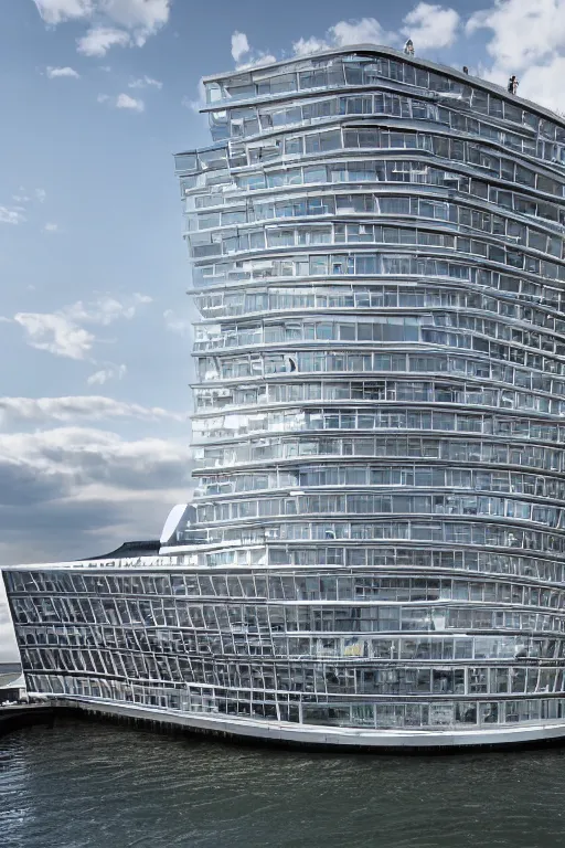 Prompt: a incredible cutting edge new building on the London waterfront designed by bjarke ingels, photo by Annie Leibovitz