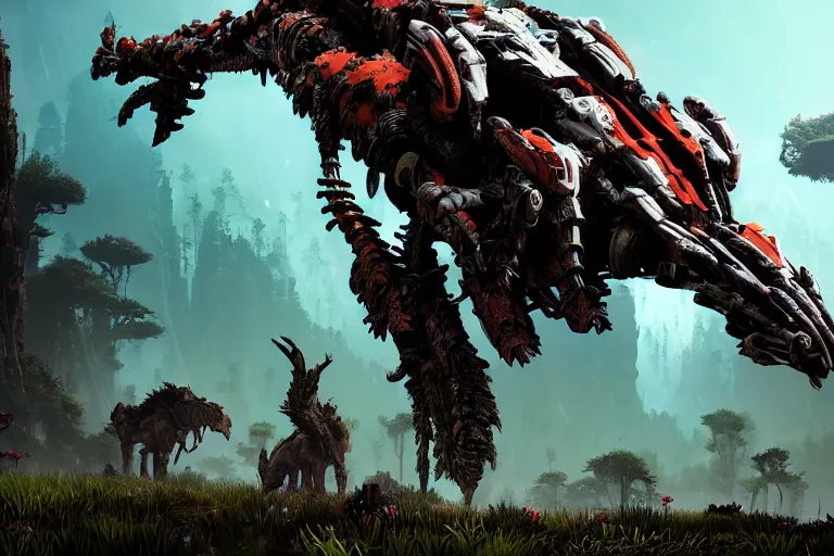 Image similar to wide epic shot. a hyper detailed organic mechanic creatuve realistic similar look as horizon forbidden west horizon zero dawn, bioluminiscence in a dark deep forest at dawn in spring, with reflection and textures, by kilian eng, substance painter reaslitic mech surface metal painted scratches, world env from horizon forbidden west horizon zero dawn