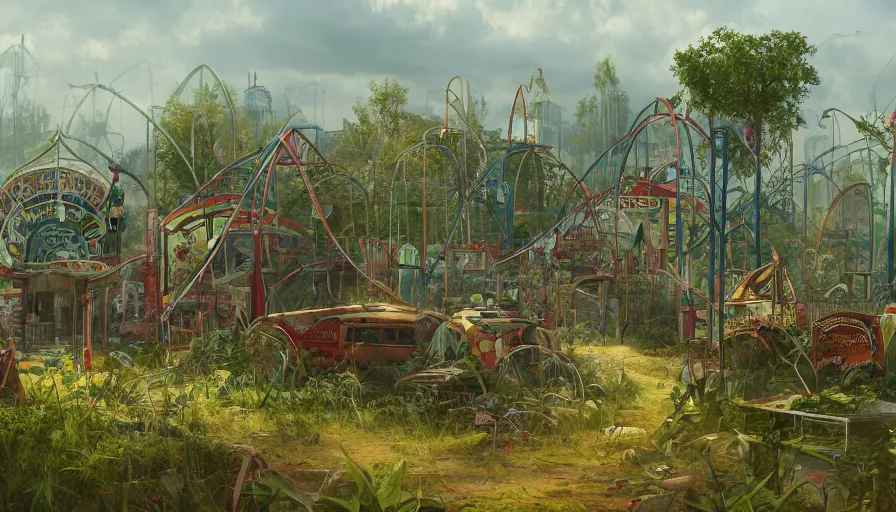 Image similar to Dusty abandoned old fairground covered by vegetation, hyperdetailed, artstation, cgsociety, 8k