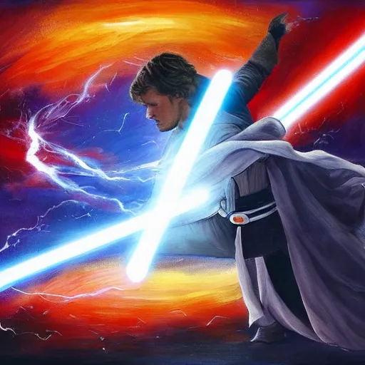 Prompt: a beautiful painting of anakin skywalker fighting obi - wan kenobi except anakin has the high ground. 4 k, epic, ultra realistic, colourful, lava, dark clouds, dramatic,