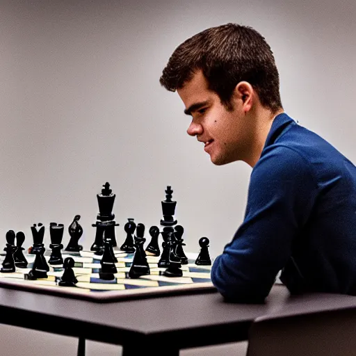 Image similar to a robot playing chess with Magnus Carlsen, photorealistic, cinematic, 4K, award-winning