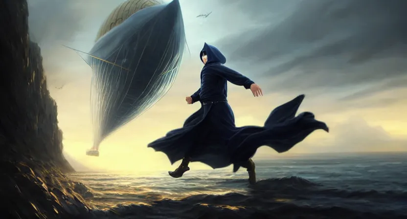 Image similar to handsome mage running away from giant airship, black hair wearing square hooded gothic navy cloak with gold details, cliffside town, movie action still frame, ultra wide horizon, intricate, elegant, highly detailed, hyperrealism, digital painting, concept art, smooth, sharp, focus, illustration, art by artgerm, greg rutkowski, ilya kuvshinov