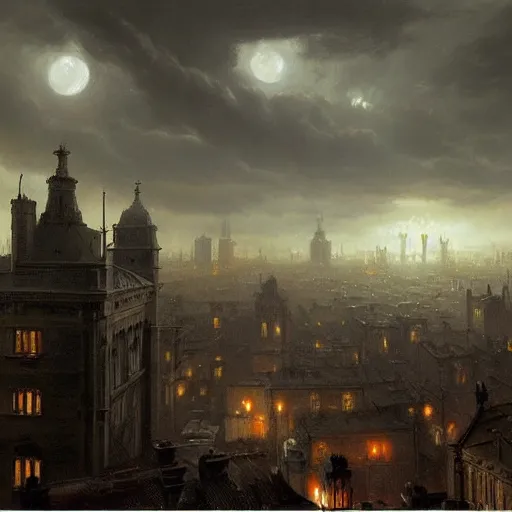 Image similar to Hyper realistic painting of a victorian city covered my smog, dark fantasy, dark clouds above with moonlight shining through them, industrial buildings, view from above, by Greg Rutkowski