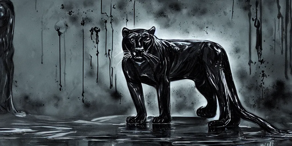 Image similar to a panther, made of tar, in a suburban backyard, dripping tar. concept art, reflections, black goo, animal drawing