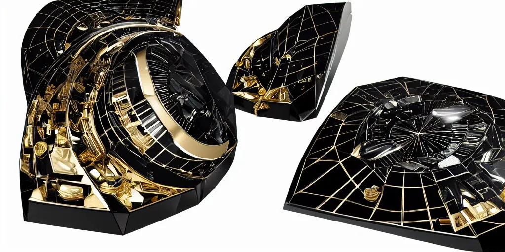 Image similar to a sleek interstellar warship in gleaming obsidian black and scintillating 24K gold designed by HP