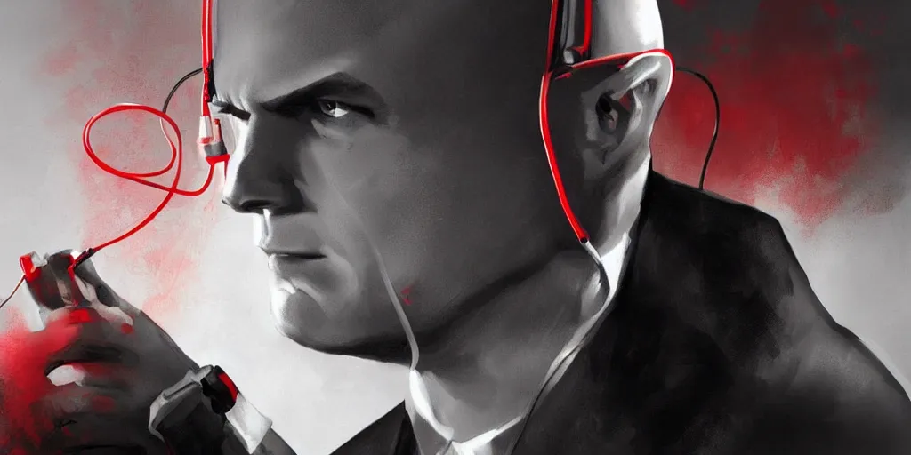 Image similar to agent 4 7 from hitman wearing headphones with wires everywhere listening to music, dark background, red rim light, smooth, sharp focus, art by irina french