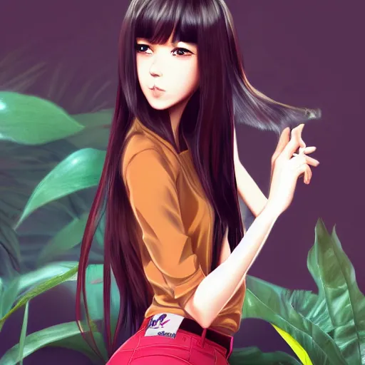 Image similar to brown skin anime girl using white and red tight raglan sleeves, tight blue jeans and cool shoes, silky long black hair with bangs, in a tropical forest, artstation, ray tracing, soft shade, from genchin impact