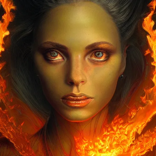 Prompt: A stunning portrait of a goddess, her body made of flames, by Jim Burns, 8K UHD, intricate, Trending on artstation.