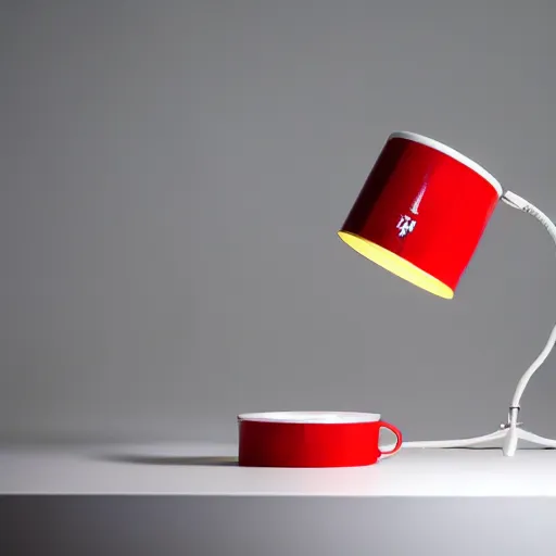 Image similar to an ultra high definition professional studio photograph, 5 0 mm f 1. 4 iso 1 0 0. the photo is set in a plain empty white studio room with a plain white plinth centrally located. the photo depicts an object on the plinth in the centre of the image. the object is a red cup. three point light.