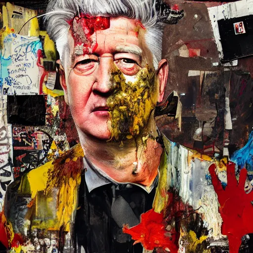 Image similar to hyperrealistic, photorealistic, mixed media oil painting of david lynch, magazine scraps, plaster, blood, oil, mustard, splatter, greg rutkowski, basquiat, ralph steadman, wesley kimler, terry gilliam