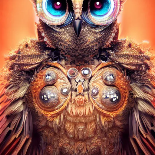 Image similar to detailed portrait of a alien magical owl, wearing a diamond crown, glowing feathers, halfway through, hyper detailed, stylistic, symmetrical, ethereal bohemian, detailed render, hdr, octane render