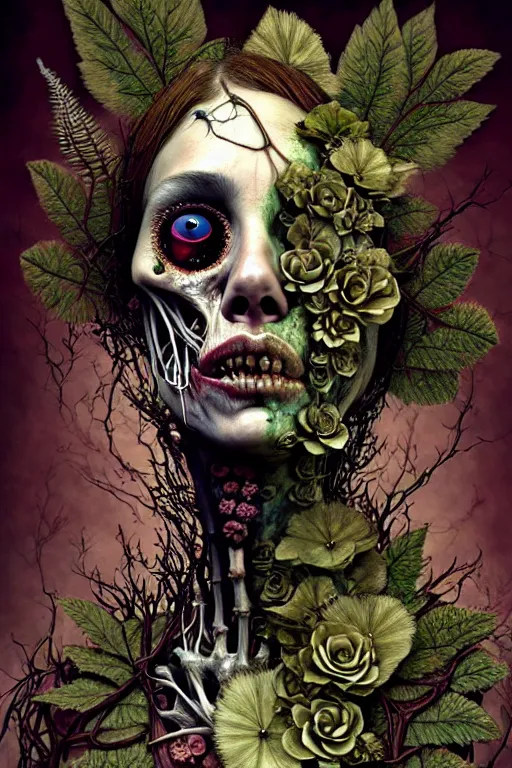 Prompt: very sad and detailed rotten woman corpse with fractal plants and fractal flowers growing around her face muscles, veins, arteries, bones, anatomical, skull, eye, ears, intricate, ornate, surreal, ray caesar, john constable, guy denning, dan hillier