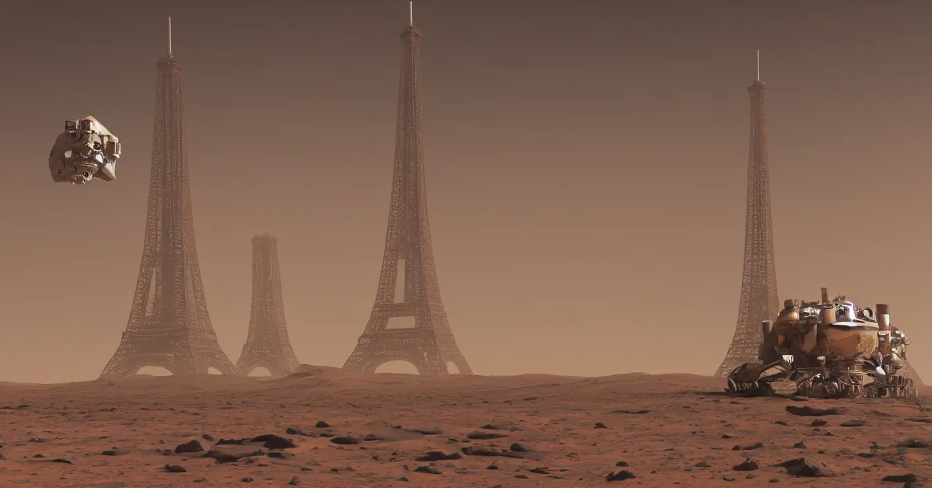 Prompt: spacecraft in the shape of the eiffel tower just landing on mars, photorealism, journalistic photography, super detail, composition, qualitative photography, vray shading, unreal engine