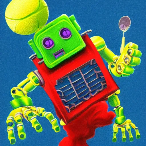 Image similar to a Robot Monster tennis ball Monster, chalk, digital art, fantasy, magic, trending on artstation, ultra detailed, professional illustration by Basil Gogos