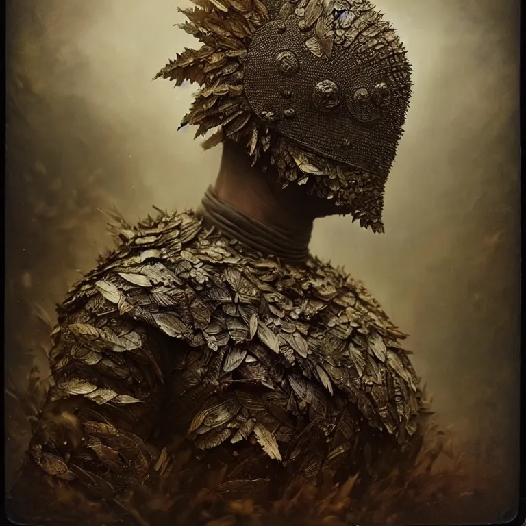 Image similar to old tintype portrait of a realistic armour made of leaves, no face, dramatic light, dystopian environment, intricate, elegant, highly detailed, centered headdress, artstation, concept art, sharp focus, artgerm, tomasz alen kopera, peter mohrbacher, donato giancola, joseph christian leyendecker, wlop, boris vallejo