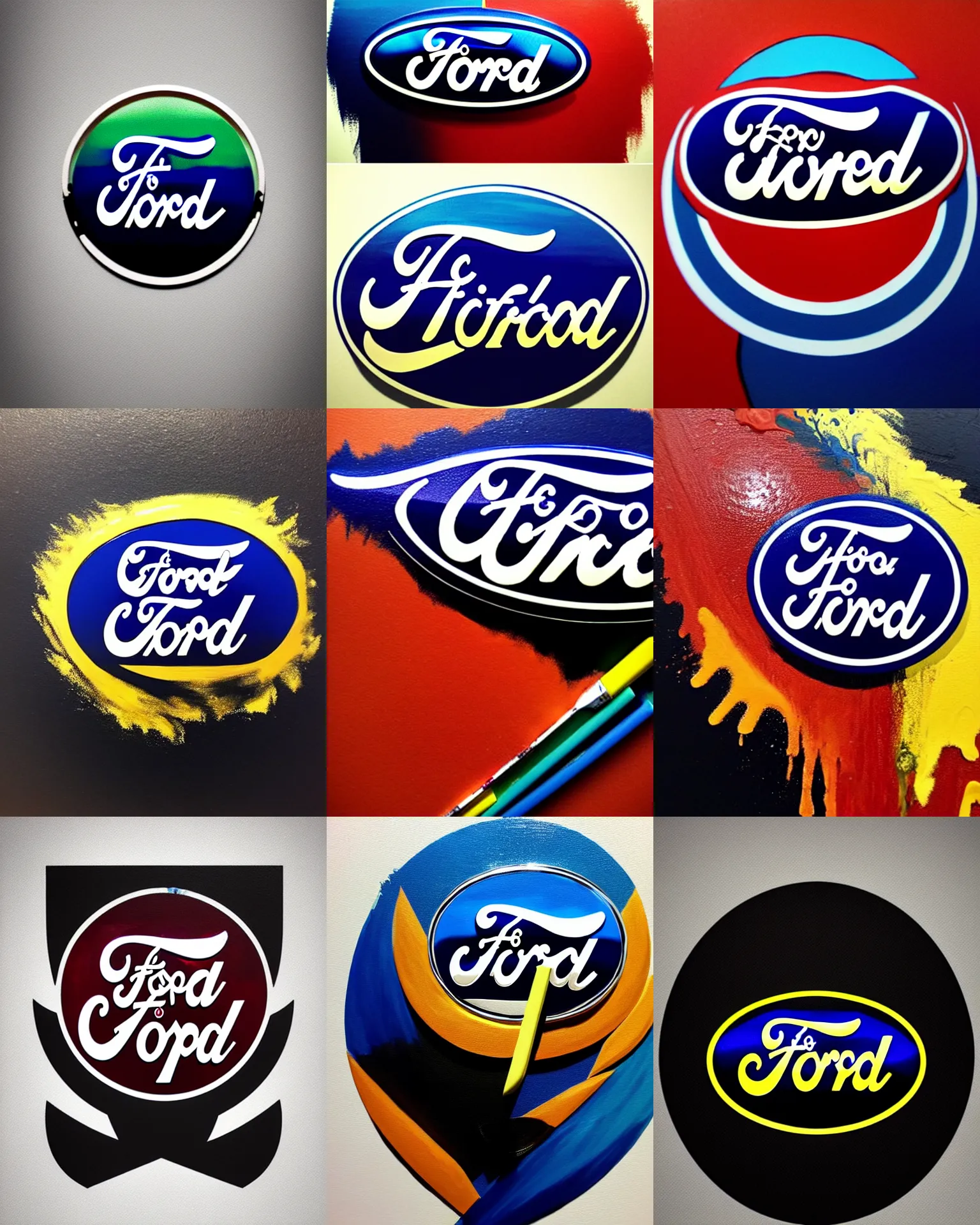 Prompt: ford logo, drip painting, splash painting, highly detailed, simple, no jagged lines, smooth, artstation, centered artwork by dface