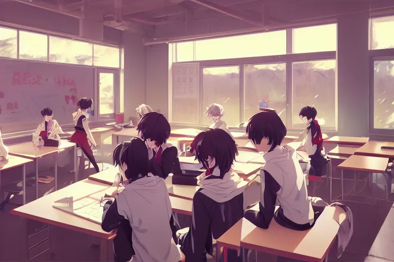 boy's love anime modern high school classroom in, Stable Diffusion