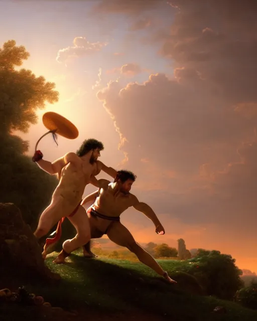 Prompt: two wrestlers fighting on a hill at sunset, style of François Boucher, unreal 5, DAZ, hyperrealistic, octane render, Regal, Refined, Detailed Digital Art, RPG portrait, William-Adolphe Bouguereau, Michael Cheval, dynamic lighting, Highly Detailed, Cinematic Lighting, Unreal Engine, 8k, HD