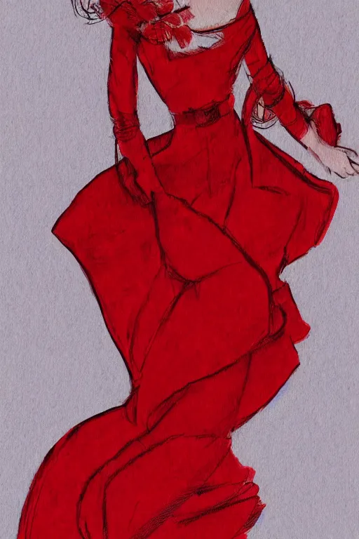 Image similar to a detailed fashion illustration of woman in red dress