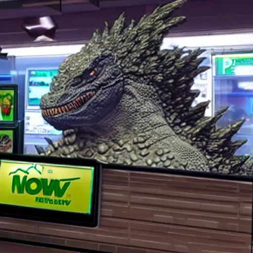 Image similar to Godzilla working at a Subway restaurant, realistic, ultra high detail.