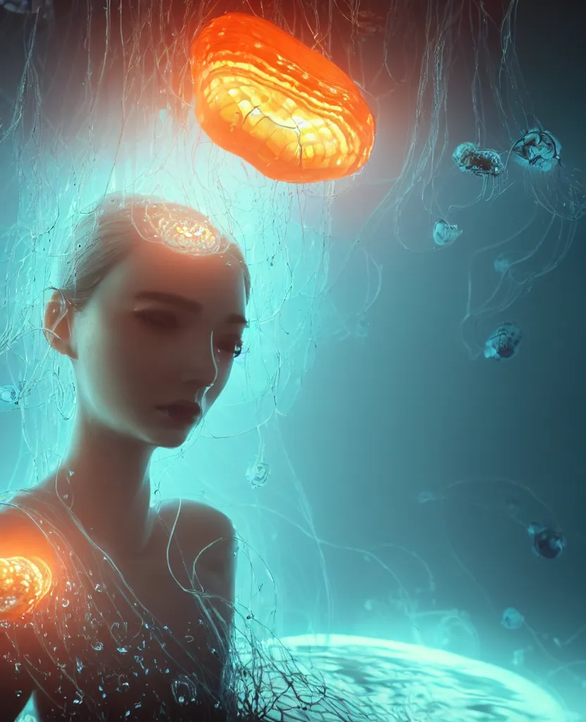 Image similar to close-up portrait of a face of beautiful princess floating in ethereum surrounded by floating jellyfish, energy flows of fire and water, flashes of plasma, 3d with depth of field, blurred background, a highly detailed epic cinematic concept art CG render. made in Maya, Blender and Photoshop, octane render, excellent composition, cinematic dystopian brutalist atmosphere, dynamic dramatic cinematic lighting, aesthetic, very inspirational, arthouse. y Greg Rutkowski, Ilya Kuvshinov, WLOP, Stanley Artgerm Lau, Ruan Jia and Fenghua Zhong