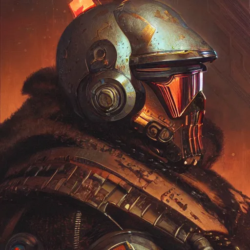 Image similar to the doomslayer as a cyberpunk knight, closeup portrait art by norman rockwell and donato giancola and greg rutkowski