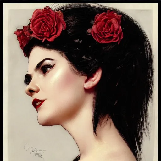 Prompt: side shot of a vampire princess, stern expression, head only, headshot, neck up, royalty, black hair, rose crown, pale skin, mouth slightly open, elegant, lifelike eyes, intricate, black background. by Stanley Artgerm Lau , greg rutkowski, thomas kindkade, alphonse mucha, loish, norman rockwell, J. C. Leyendecker. D&D, fantasy. Trending on artstation rule of thirds, detailed illustration, hd 4k