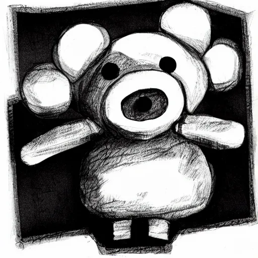 Prompt: grunge drawing of a teddy bear in the style of the grudge