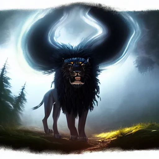 Image similar to black lion god with fur from gold lightnings surrounded by epic forest, epic cinematic shot, sharp focus, hyperdetails, concept art, artstation, cgsociety, 8k, by magali villeneuve and raphael lacoste