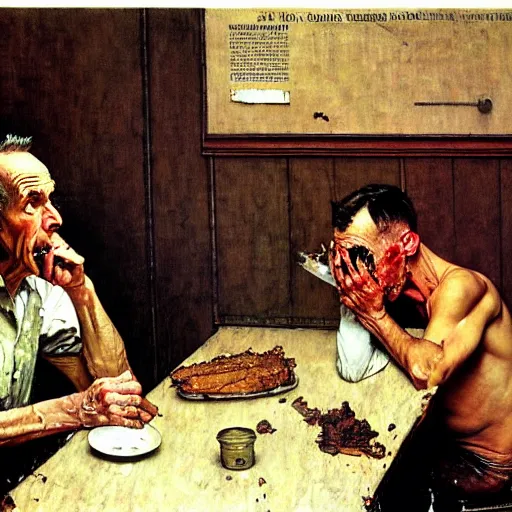 Image similar to a condemned prisoner eating his last meal, somber, dirty, artist norman rockwell and john sargent,