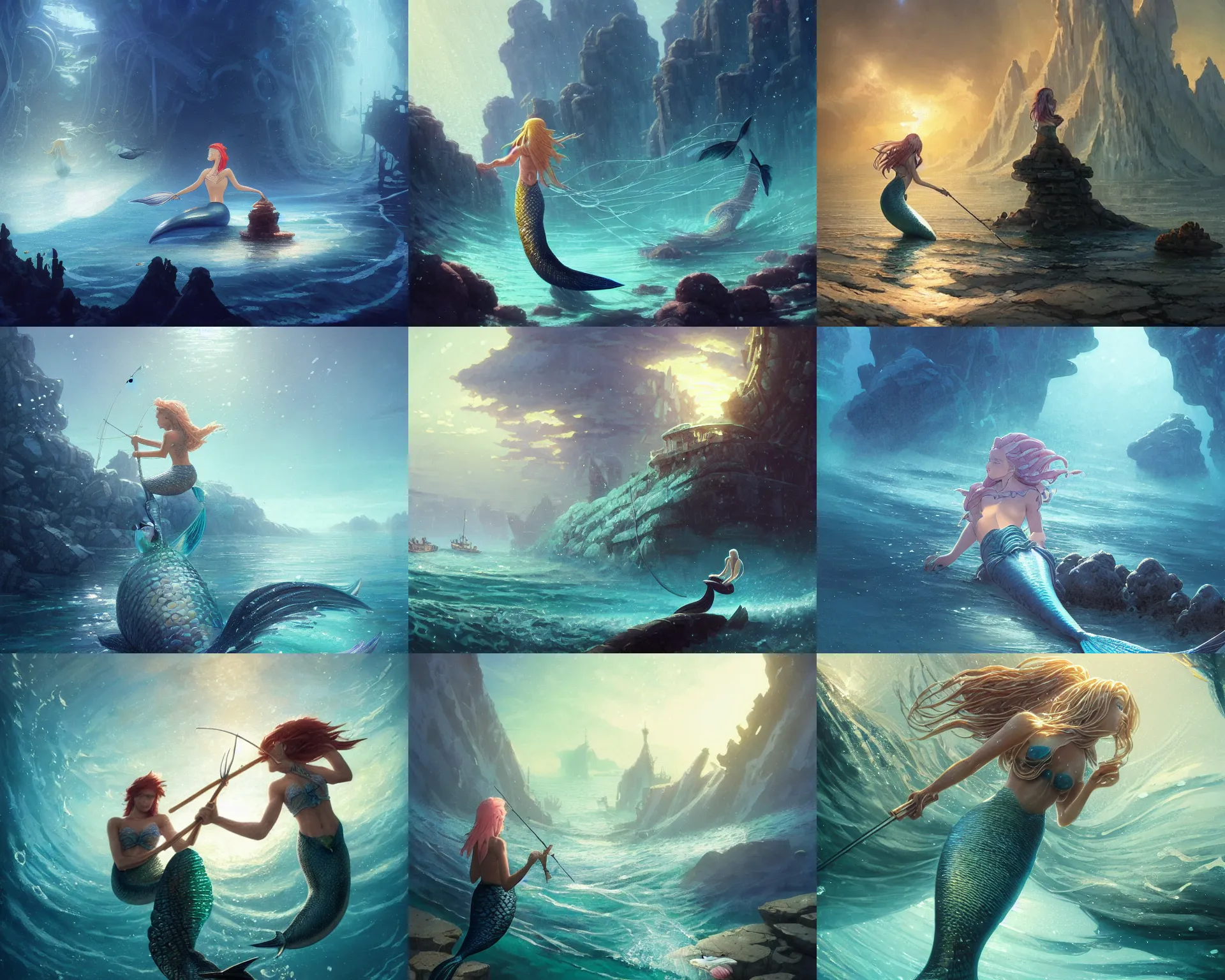 Prompt: mermaid fishermen fishing in atlantis at winter, magnificent, close up, details, sharp focus, elegant, highly detailed, illustration, by Jordan Grimmer and greg rutkowski and PiNe(パイネ) and 薯子Imoko and 香川悠作 and wlop and maya takamura, intricate, beautiful, Trending artstation, pixiv, digital Art