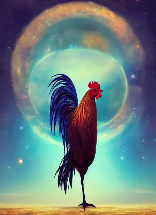 Prompt: rooster in a planetary scene, mystical, astral, digital art, concept art, 4 k hd, symmetrical portrait