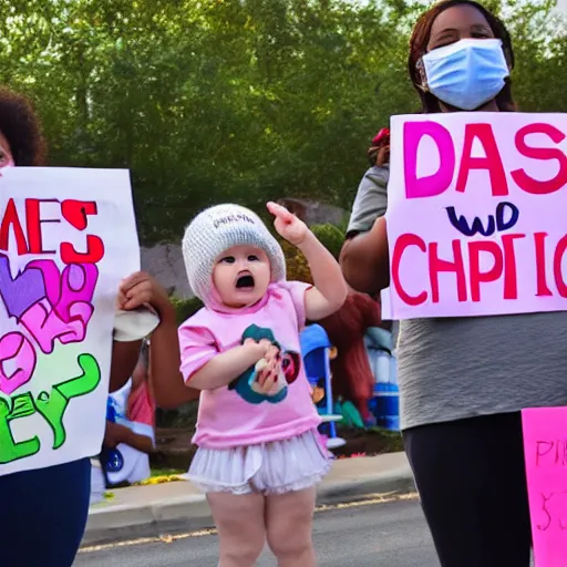 Image similar to babies protesting in front of a daycare center