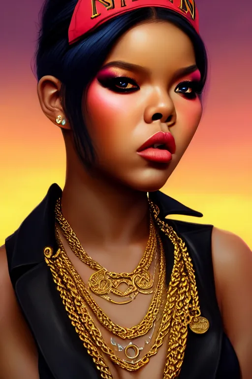 Image similar to portrait of young lil Kim rapper, Brooklyn background, highly detailed and rendered gold jewelry, digital art, intricate, sharp focus, Trending on Artstation, HQ, unreal engine 5, 4K UHD image, by brom, artgerm, face by Otto Schmidt