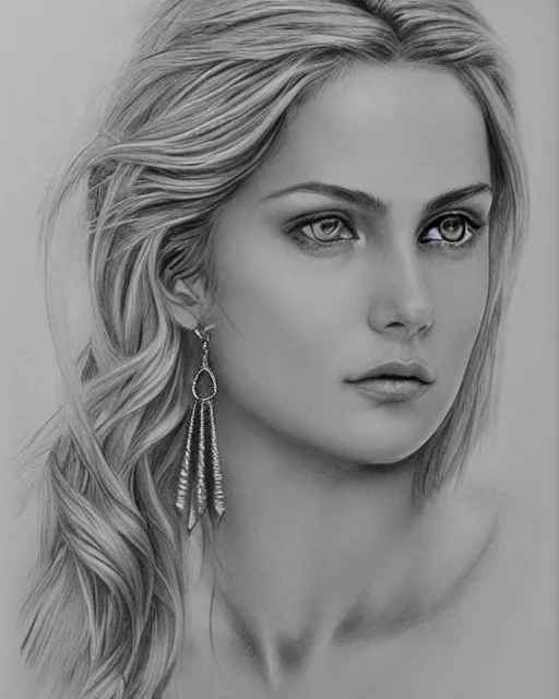 Image similar to pencil drawing of a beautiful greek goddess aphrodite with arrowhead earrings, beautiful piercing eyes, beautiful blonde hair, hyper realistic face, in the style of greg rutkowski, fantasy, amazing detail, epic, elegant, smooth, sharp focus, from the front